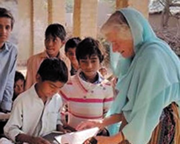 Sr. Joan with students at a rural school in Pakistan.