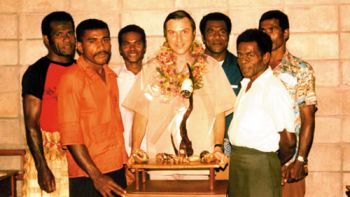 Columban Fr. Charles Duster (center) at the Fiji Solevu Catholic mission